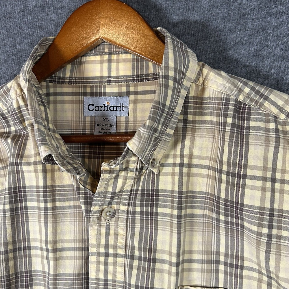Carhartt Shirt Mens XL Brown Plaid Button Down Short‎ Sleeve Pocket S136